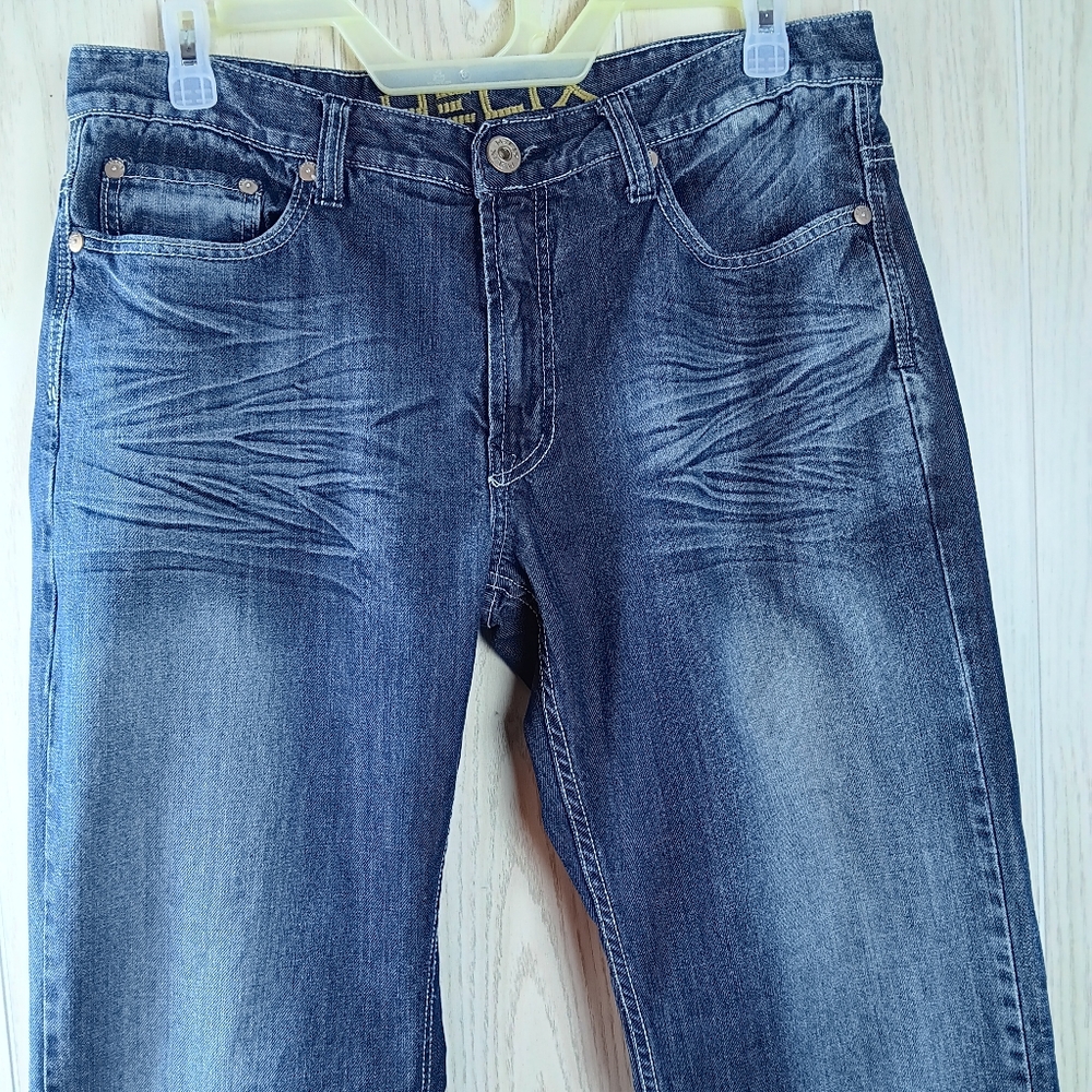Helix Jeans Mens Size 36x34 Bootcut Blue Denim Whiskered Distressed.  - Picture 2 of 16